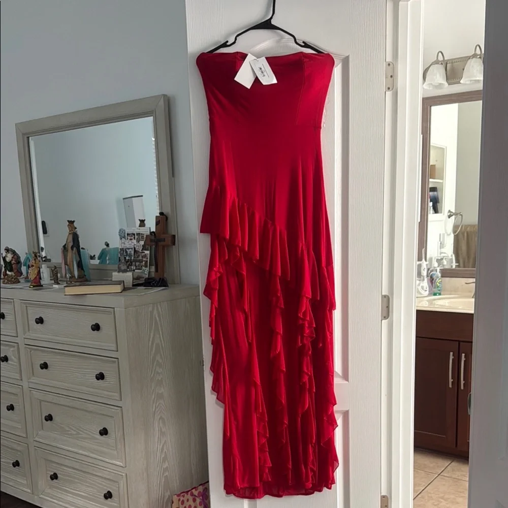 Strapless Red Ruffle Cascade Evening Gown - Picture 1 of 2